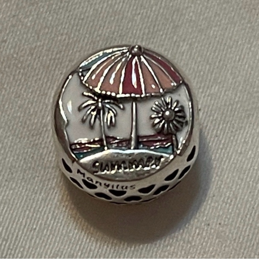 925 Sterling Silver Charm w/“Summer”engraved Under the Palm Tree & Umbrella - Picture 8 of 10
